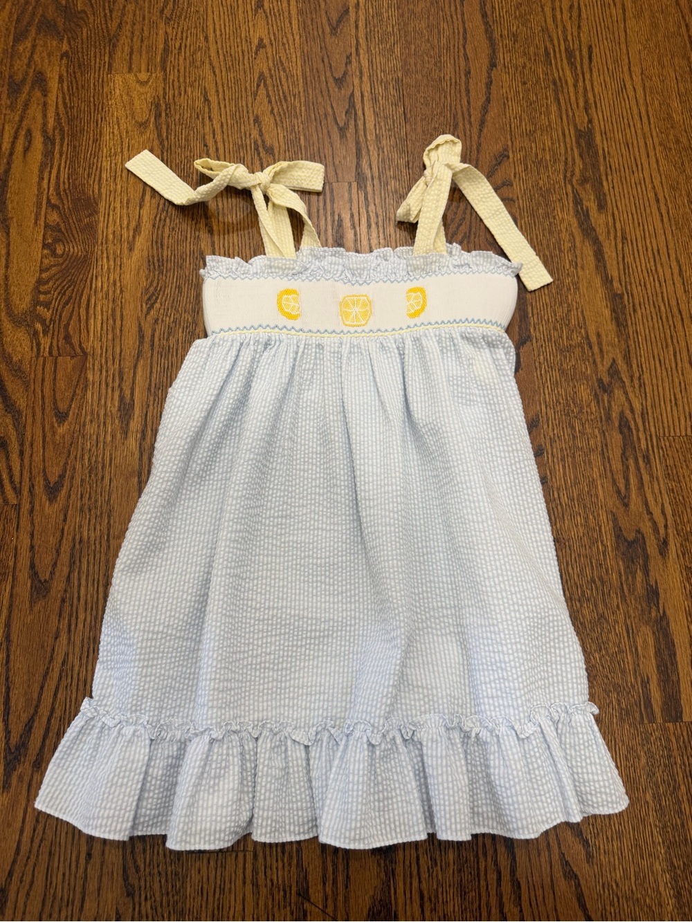 Girls' Light Blue Seersucker Sundress with Yellow Trim